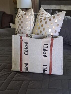Fancy Canvas Logo Tote in Light Beige with Brown Trim